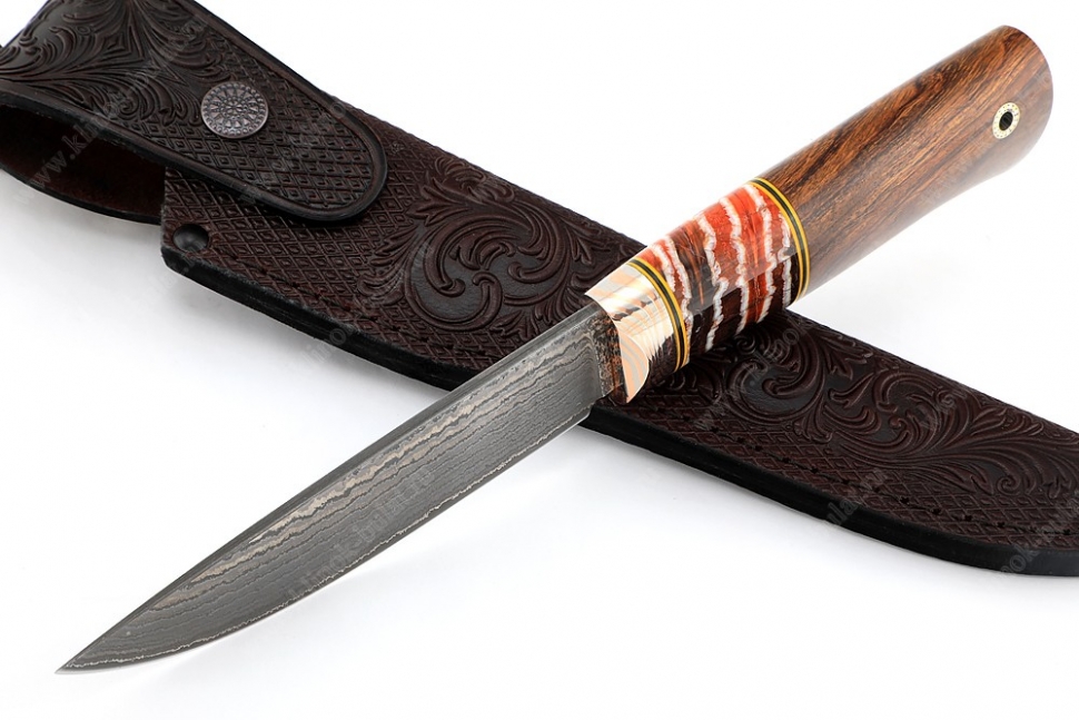 Нож Рысь (ламинат, больстер мокумэ-ганэ, рукоять зуб мамонта, айронвуд) ножны с тиснением