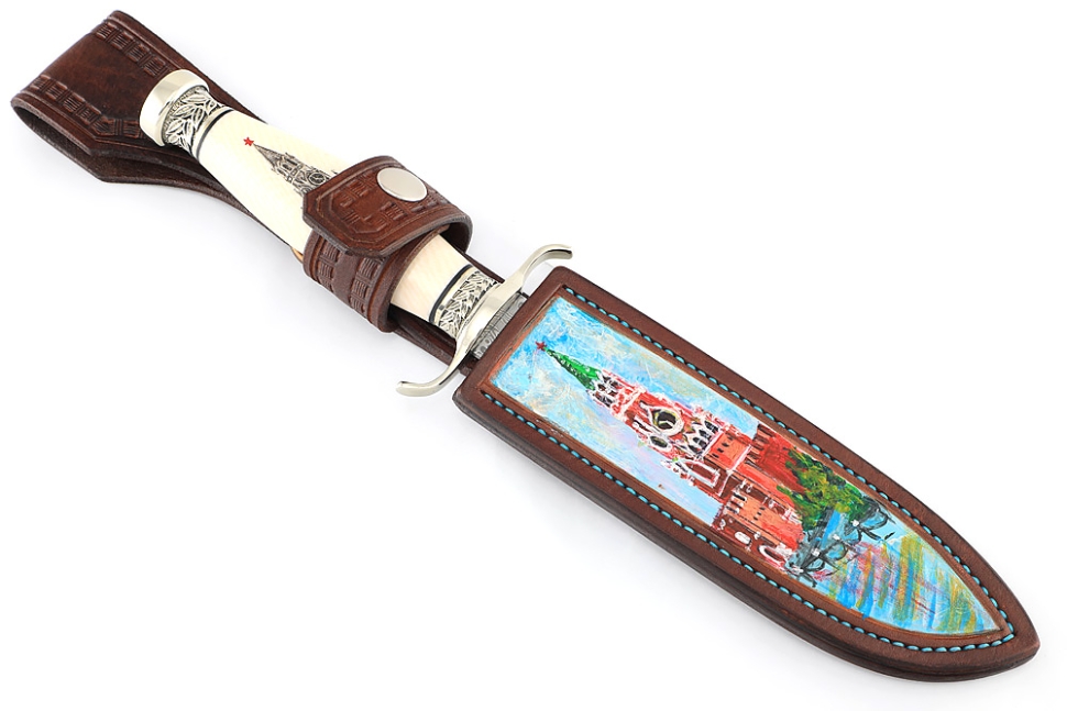 Нож Классика дамаск нержавеющий, мельхиор, элфорин (скримшоу) формованные ножны