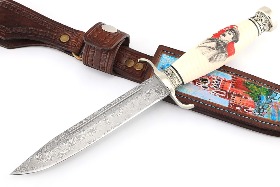 Нож Классика дамаск нержавеющий, мельхиор, элфорин (скримшоу) формованные ножны