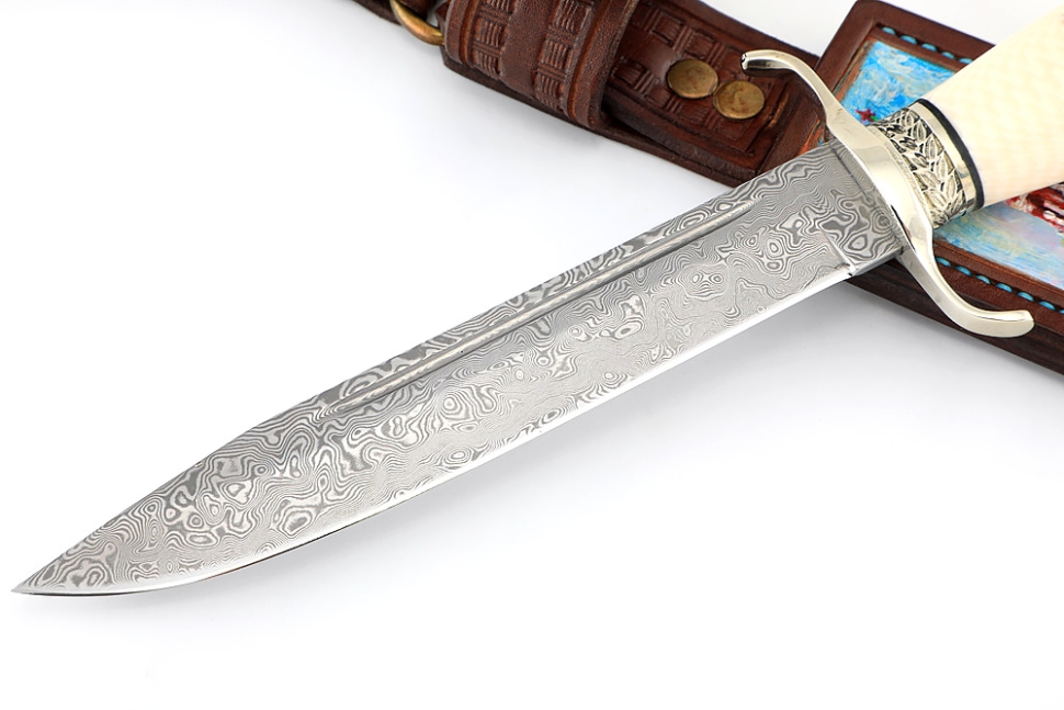 Нож Классика дамаск нержавеющий, мельхиор, элфорин (скримшоу) формованные ножны
