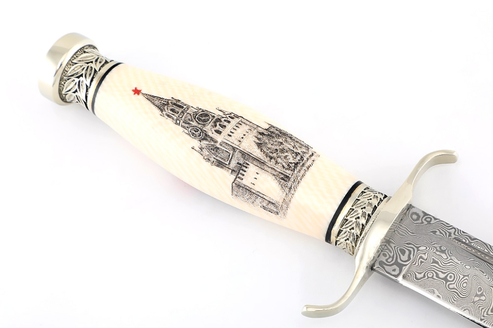 Нож Классика дамаск нержавеющий, мельхиор, элфорин (скримшоу) формованные ножны