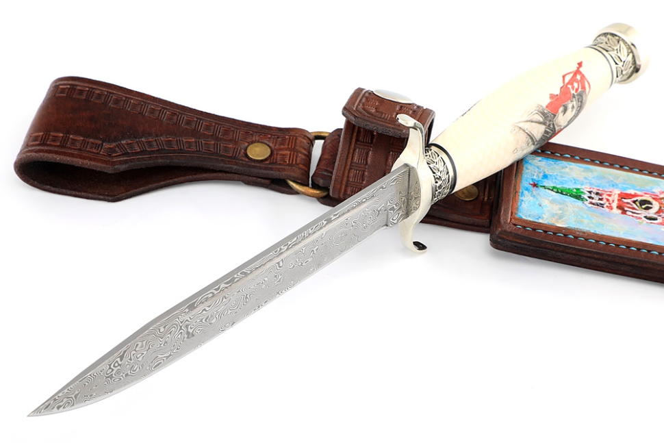Нож Классика дамаск нержавеющий, мельхиор, элфорин (скримшоу) формованные ножны