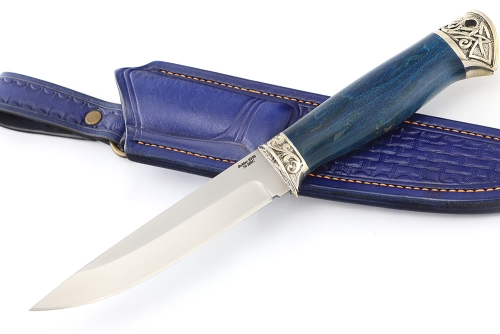Нож Пантера (S390, синяя стабилизированная карельская берёза - мельхиор) формованные ножны