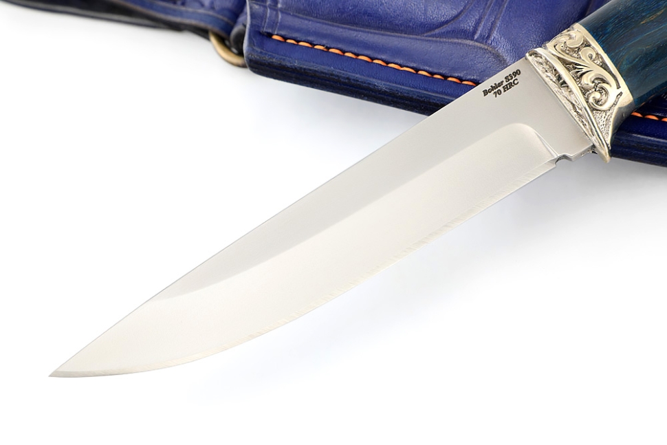 Нож Пантера (S390, синяя стабилизированная карельская берёза - мельхиор) формованные ножны