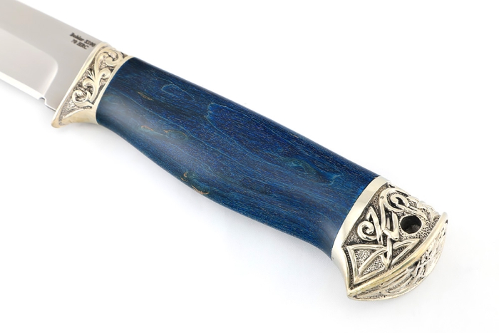 Нож Пантера (S390, синяя стабилизированная карельская берёза - мельхиор) формованные ножны