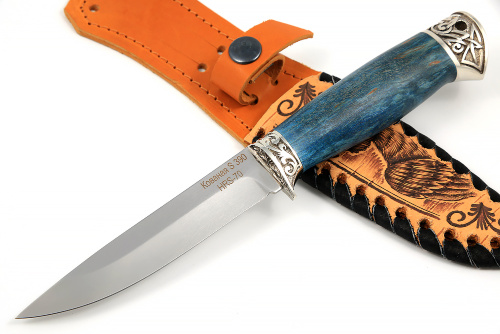 Нож Пантера (S390, синяя стабилизированная карельская берёза - мельхиор)