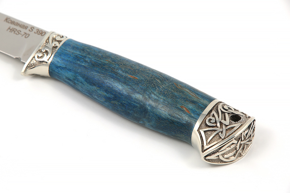 Нож Пантера (S390, синяя стабилизированная карельская берёза - мельхиор)