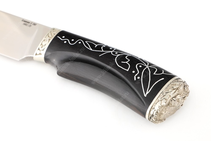 Нож Глухарь (S390, черный граб, инкрустация, мельхиор) резная рукоять
