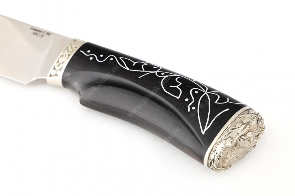 Нож Глухарь (S390, черный граб, инкрустация, мельхиор) резная рукоять