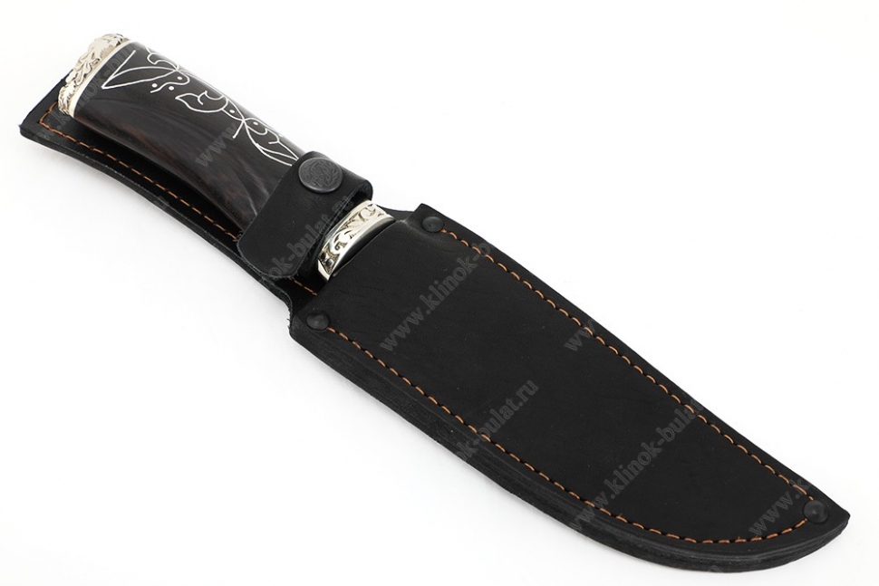 Нож Глухарь (S390, черный граб, инкрустация, мельхиор) резная рукоять