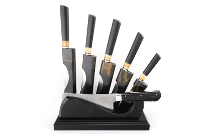 Подставка из черного граба+G10 с набором из 5 ножей и тяпки (Elmax, зуб мамонта+G10)