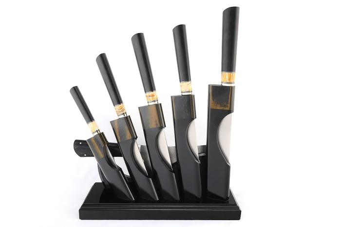 Подставка из черного граба+G10 с набором из 5 ножей и тяпки (Elmax, зуб мамонта+G10)