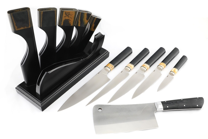 Подставка из черного граба+G10 с набором из 5 ножей и тяпки (Elmax, зуб мамонта+G10)