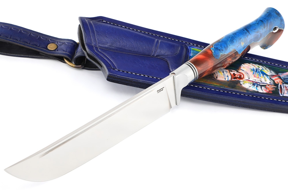 Нож Узбек-2 (х12МФ, рукоять гибрид кап клена синий, акрил коричневый) формованные ножны