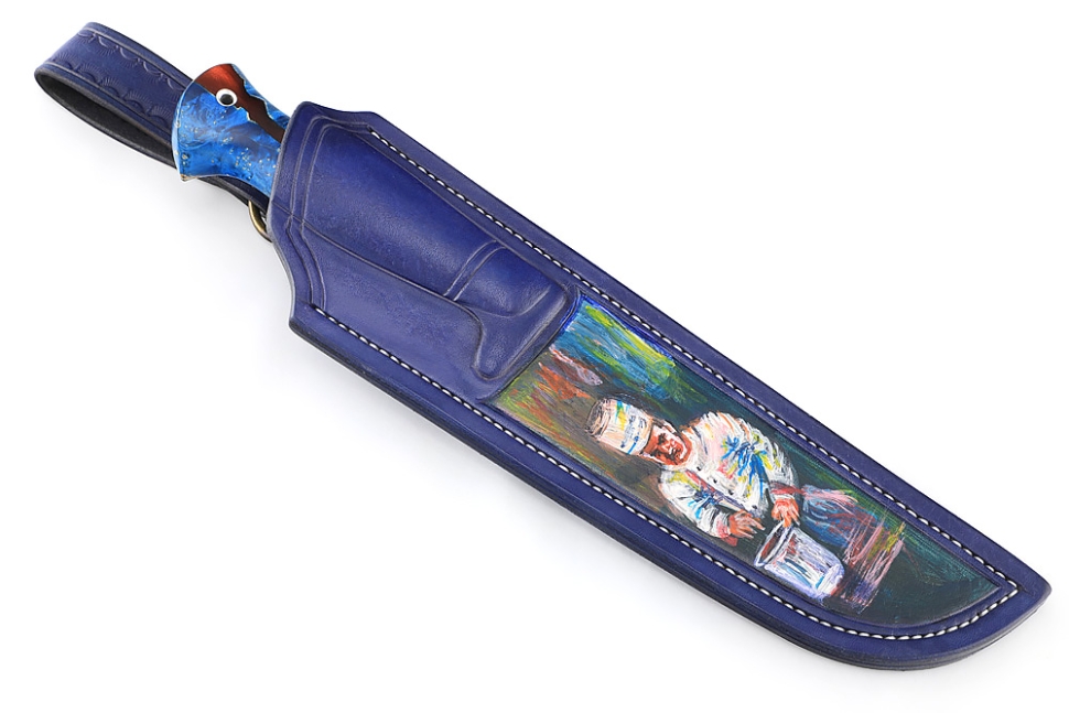 Нож Узбек-2 (х12МФ, рукоять гибрид кап клена синий, акрил коричневый) формованные ножны