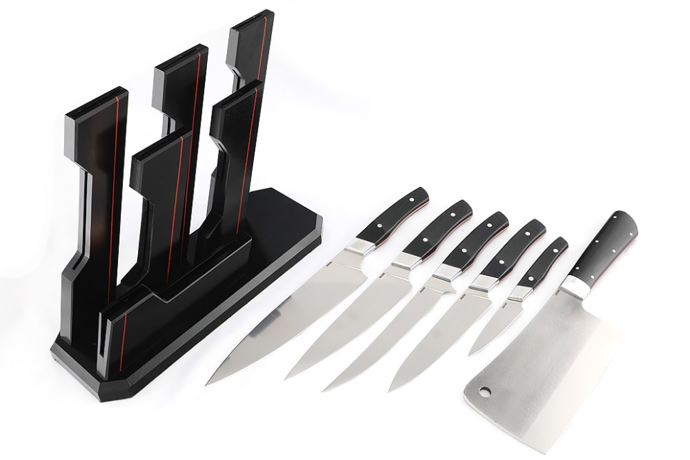 Набор кухонных ножей с тяпкой, на подставке (N690 G10 черная 5шт.)
