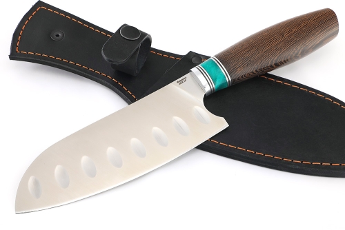 Кухонный нож Сантоку средний (широкий) кованая сталь 95x18 рукоять вставка акрил зеленый, венге