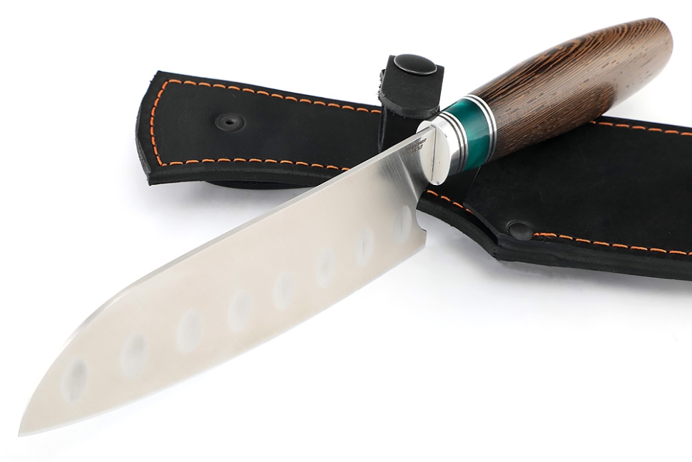 Кухонный нож Сантоку средний (широкий) кованая сталь 95x18 рукоять вставка акрил зеленый, венге