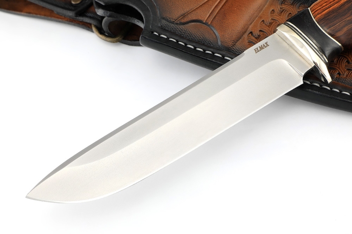 Нож Скат (Elmax, гарда нейзельбер, айронвуд, чёрный граб, мозаичные пины) формованные ножны
