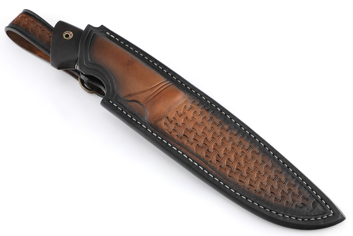 Нож Скат (Elmax, гарда нейзельбер, айронвуд, чёрный граб, мозаичные пины) формованные ножны