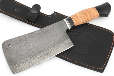 Кухонный Топорик сталь дамаск рукоять дюраль, черный граб, береста