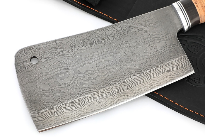 Кухонный Топорик сталь дамаск рукоять дюраль, черный граб, береста