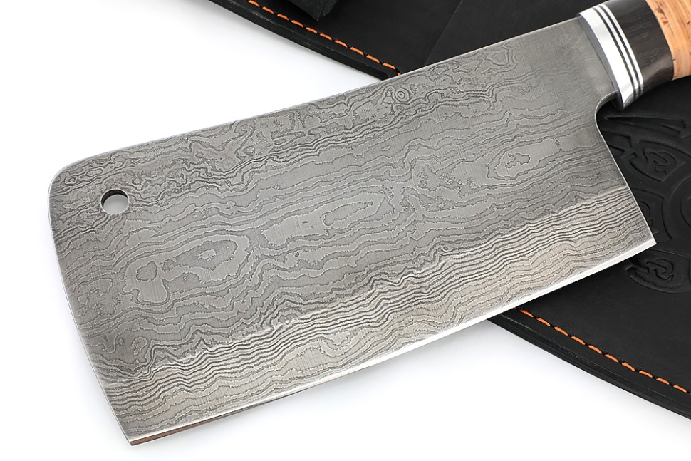 Кухонный Топорик сталь дамаск рукоять дюраль, черный граб, береста