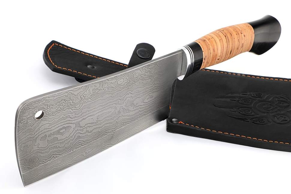 Кухонный Топорик сталь дамаск рукоять дюраль, черный граб, береста