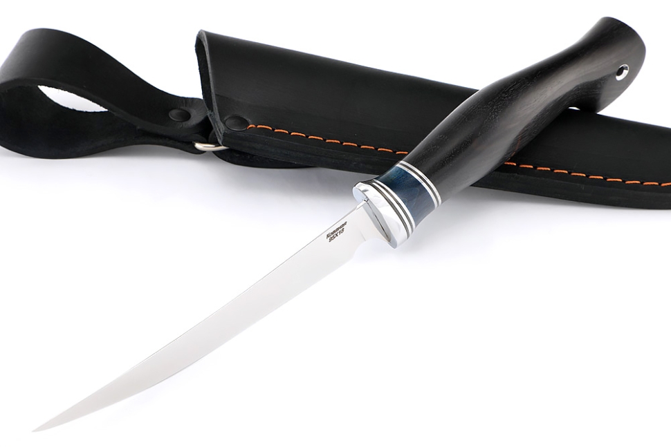 Нож Филейный малый (узкий, 95Х18, карельская береза синяя, черный граб)