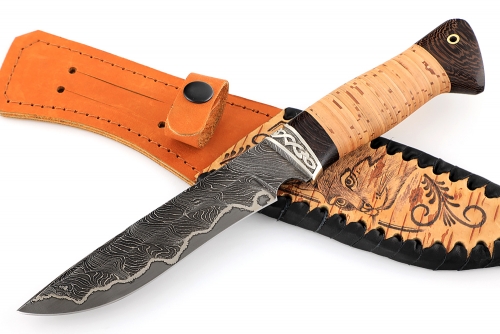 Нож Флагман (ламинат - 9ХС и дамаск с никелем, рукоять береста, гарда мельхиор)