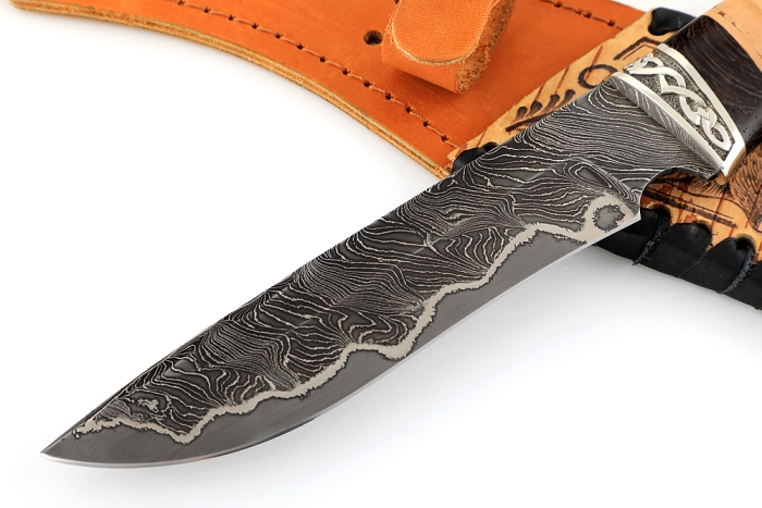 Нож Флагман (ламинат - 9ХС и дамаск с никелем, рукоять береста, гарда мельхиор)