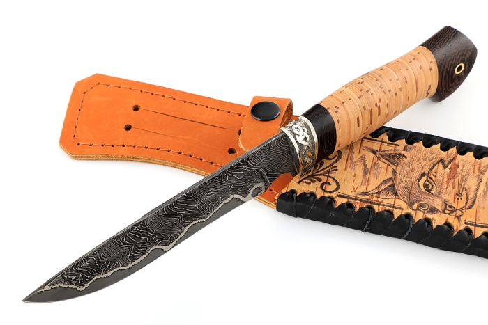 Нож Флагман (ламинат - 9ХС и дамаск с никелем, рукоять береста, гарда мельхиор)