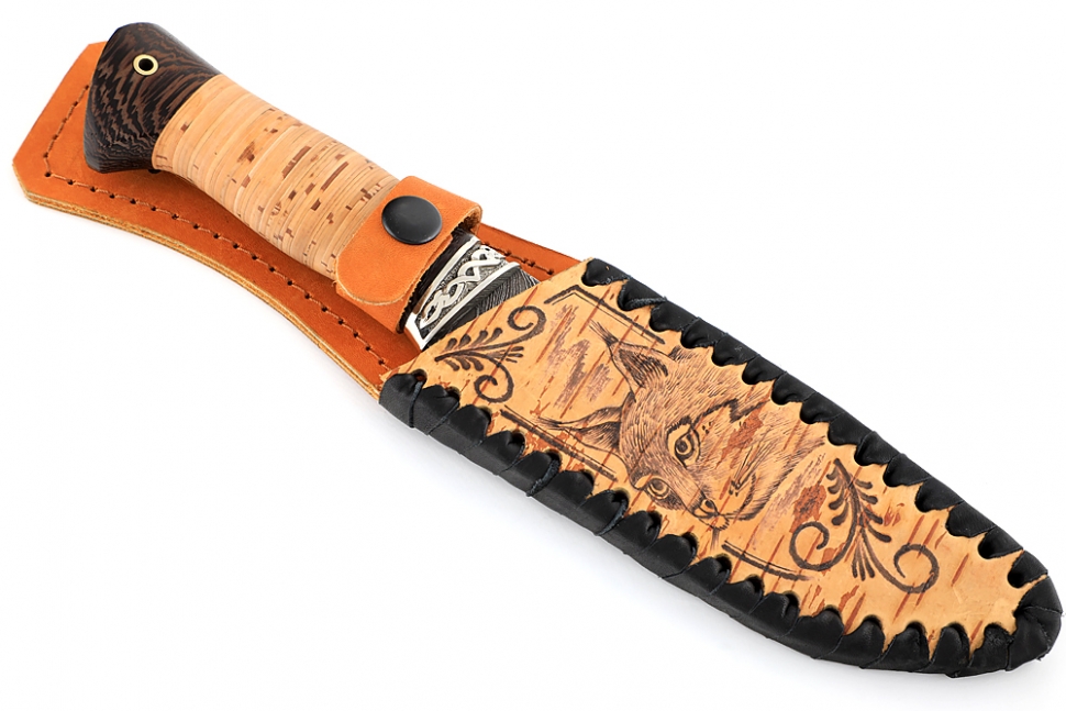 Нож Флагман (ламинат - 9ХС и дамаск с никелем, рукоять береста, гарда мельхиор)