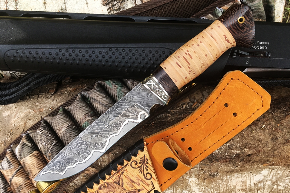 Нож Флагман (ламинат - 9ХС и дамаск с никелем, рукоять береста, гарда мельхиор)
