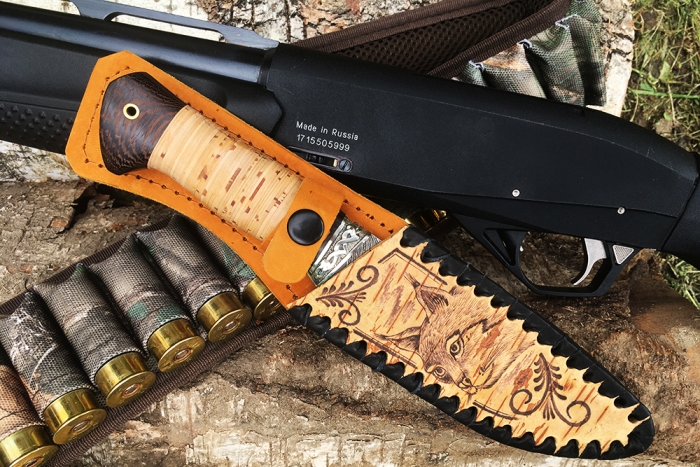 Нож Флагман (ламинат - 9ХС и дамаск с никелем, рукоять береста, гарда мельхиор)