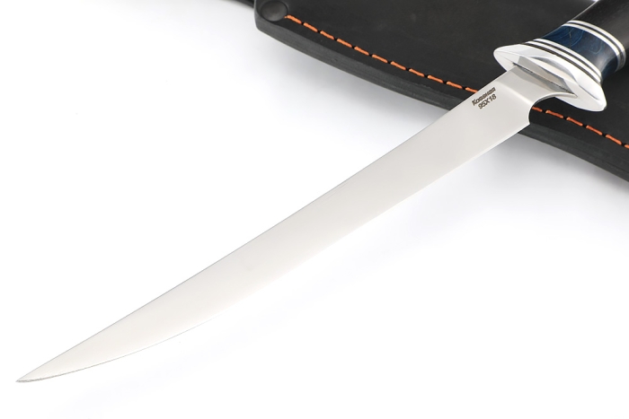 Нож Филейный средний (узкий, 95Х18, карельская береза синяя, черный граб)