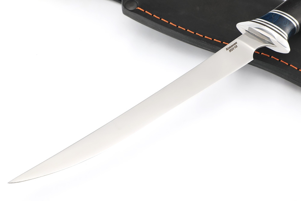 Нож Филейный средний (узкий, 95Х18, карельская береза синяя, черный граб)