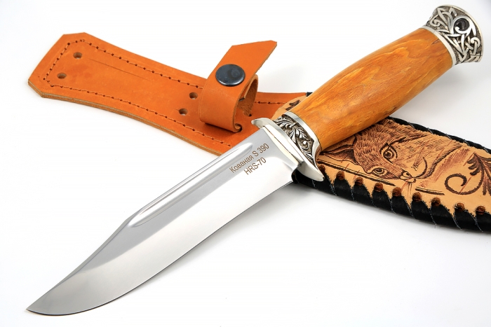 Нож Атака (S390, жёлтая стабилизированная карельская берёза - мельхиор)