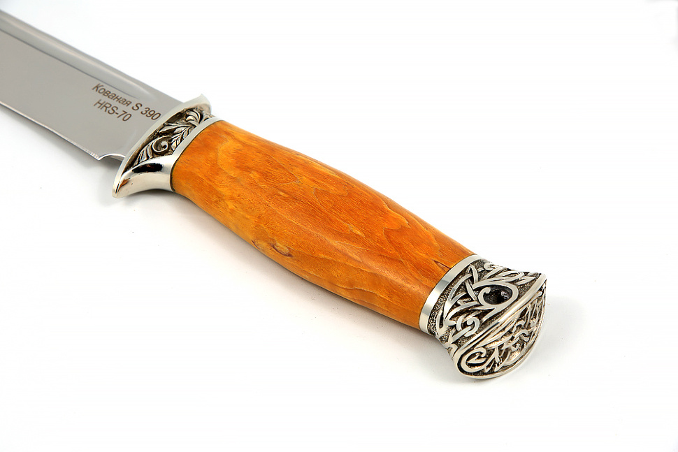 Нож Атака (S390, жёлтая стабилизированная карельская берёза - мельхиор)