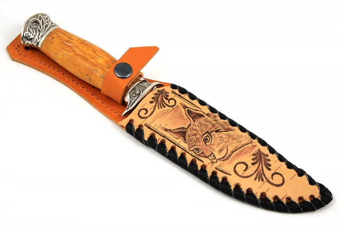 Нож Атака (S390, жёлтая стабилизированная карельская берёза - мельхиор)