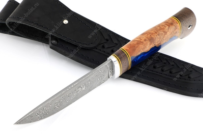 Нож Рысь (нержавеющий дамаск, венге, гибрид карельской берёзы и акрила)