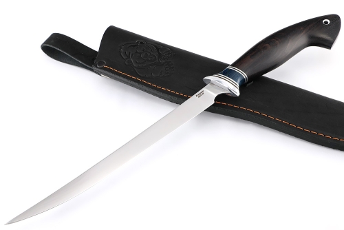 Нож Филейный большой (узкий, 95Х18, карельская береза синяя, черный граб)