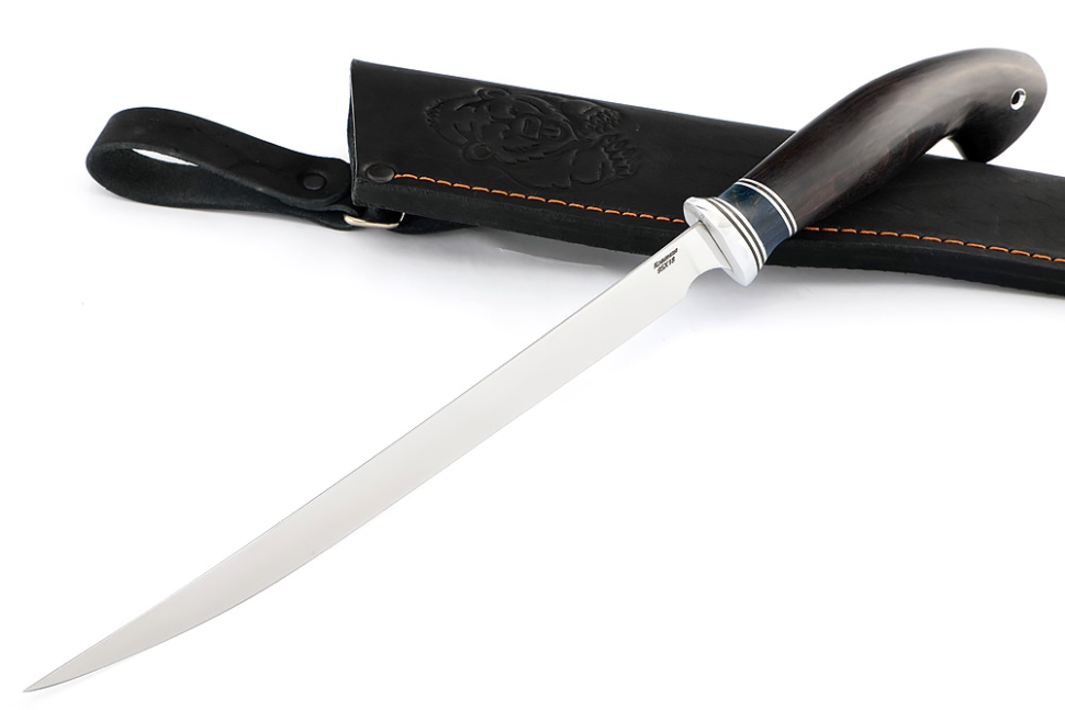 Нож Филейный большой (узкий, 95Х18, черный граб, вставка карельская береза синяя)