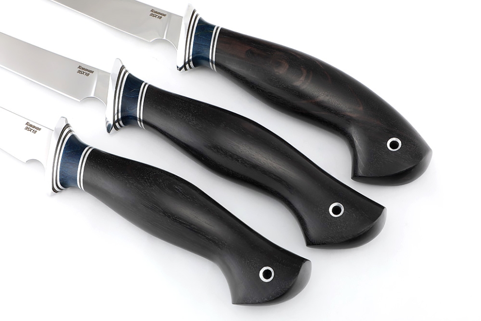 Комплект из 3-х филейных ножей узких, кованая сталь 95х18 рукоять вставка акрил синий, черный граб