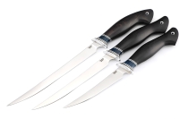 Комплект из 3-х филейных ножей узких, кованая сталь 95х18 рукоять вставка акрил синий, черный граб