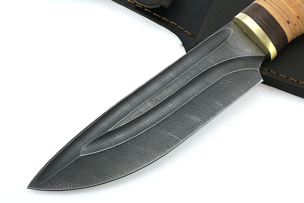 Нож Глухарь (дамаск-долы, береста)