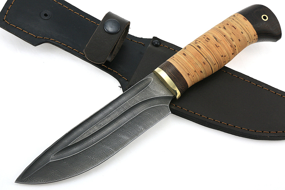 Нож Глухарь (дамаск-долы, береста)