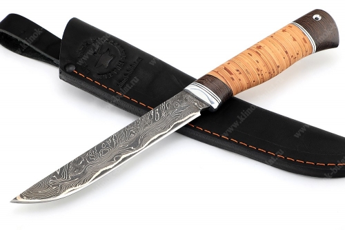 Нож Зубатка-2 (ламинат - У12 и дамаск с никелем, рукоять береста, венге, дюрвль)