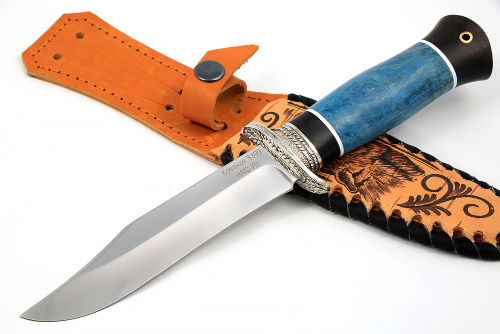 Нож Гладиатор (S390, синяя стабилизированная карельская берёза - чёрный граб)
