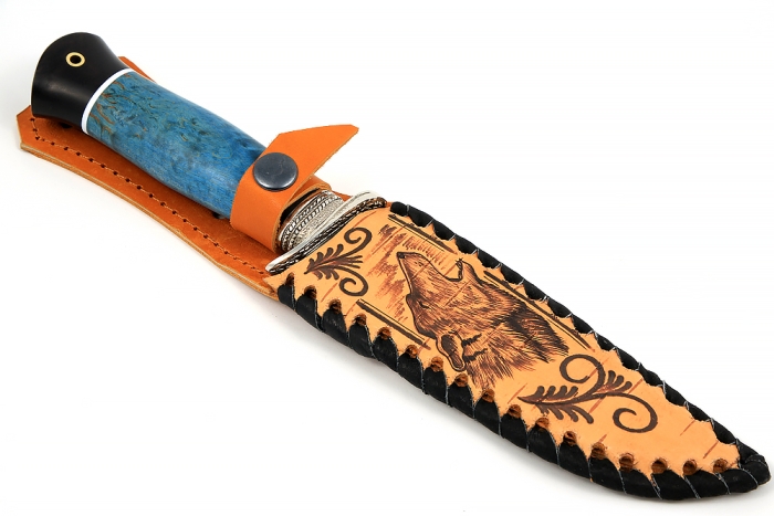 Нож Гладиатор (S390, синяя стабилизированная карельская берёза - чёрный граб)